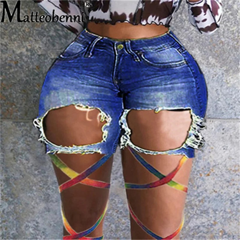 Sexy Ripped Hole Fringe Denim Shorts Women Color Rope Tie Legs Casual Pocket Jeans Shorts 2021 Summer Lace Up Shorts