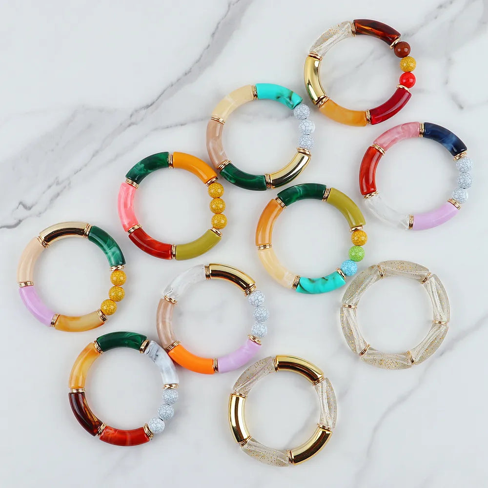 Trendy Resin Geometric Beaded Bracelets on Hand Acrylic Bamboo Tube Bangles Bracelets For Women Fashion Jewelry Valentines Gift