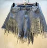 ANSZKTN Summer Women Jean Ripped Shorts Rhinestone Heavy Tassels Nail Diamond Beads High Waist Light Blue Denim Shorts