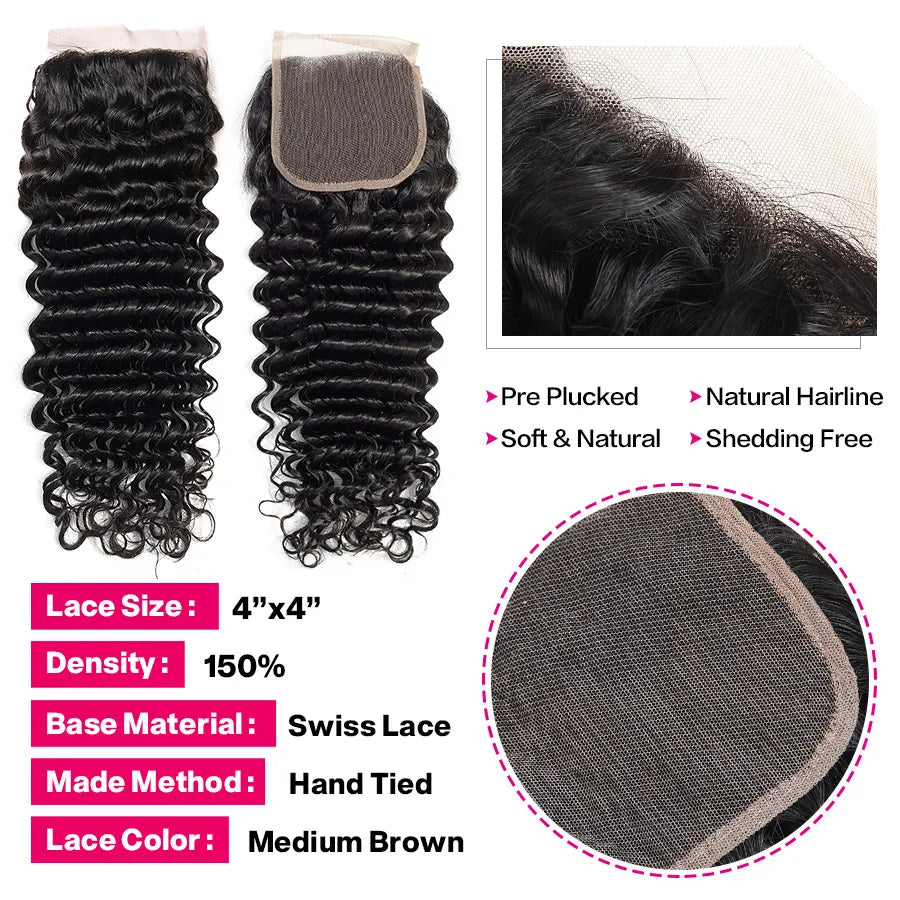 Beautiful Princess Hair Deep Wave Bundles With Closure Double Weft Human Hair Brazilian Hair Weave 3 Bundles With Closure Remy
