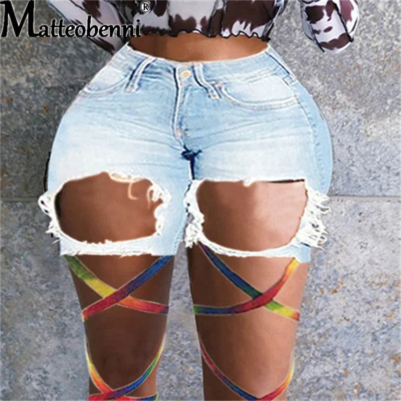 Sexy Ripped Hole Fringe Denim Shorts Women Color Rope Tie Legs Casual Pocket Jeans Shorts 2021 Summer Lace Up Shorts