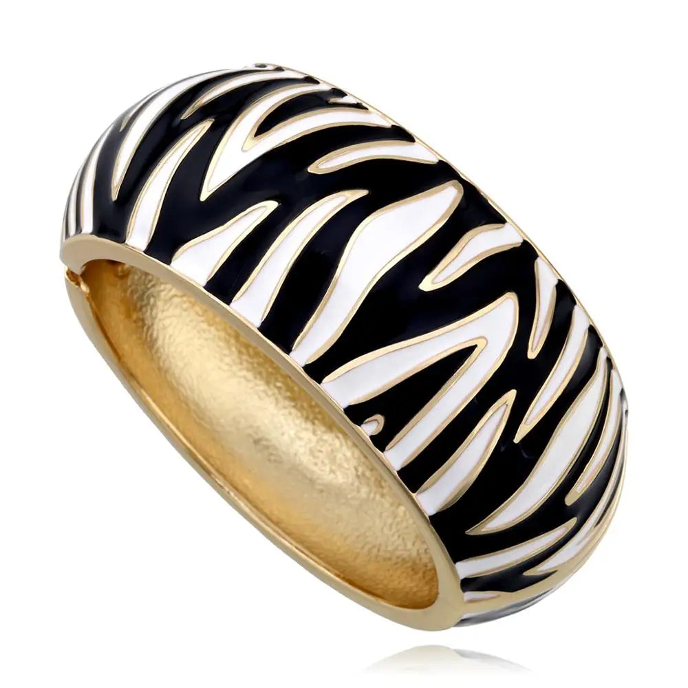 New Arrival Golden Plated Zebra-Print Shape Round Bangle Cuff Bracelet for Women Party Prom Wedding Gift Jewelry 2 Colors