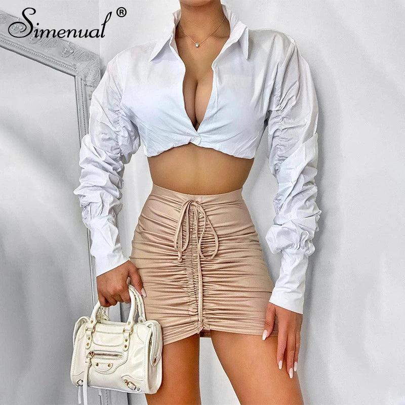 Simenual Button Ruched White Puff Sleeve Blouse Shirts Women Long Sleeved Fashion Fall 2021 Clothing Crop Blouses Solid Baddie