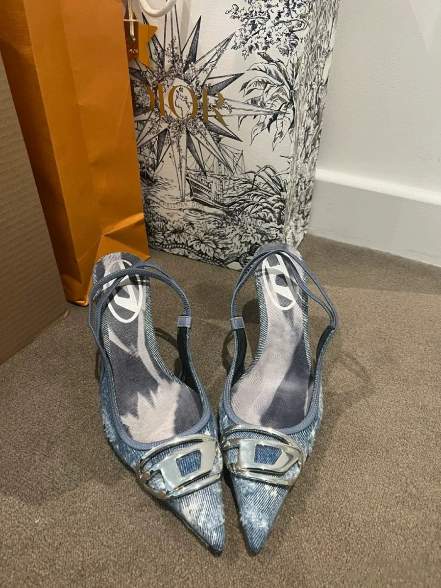 Silver High Heels 2025 New Arrival Classy Retro French Pointed Stiletto Heel Fashion Catwalk Denim Closed Toe Sandals for Women
