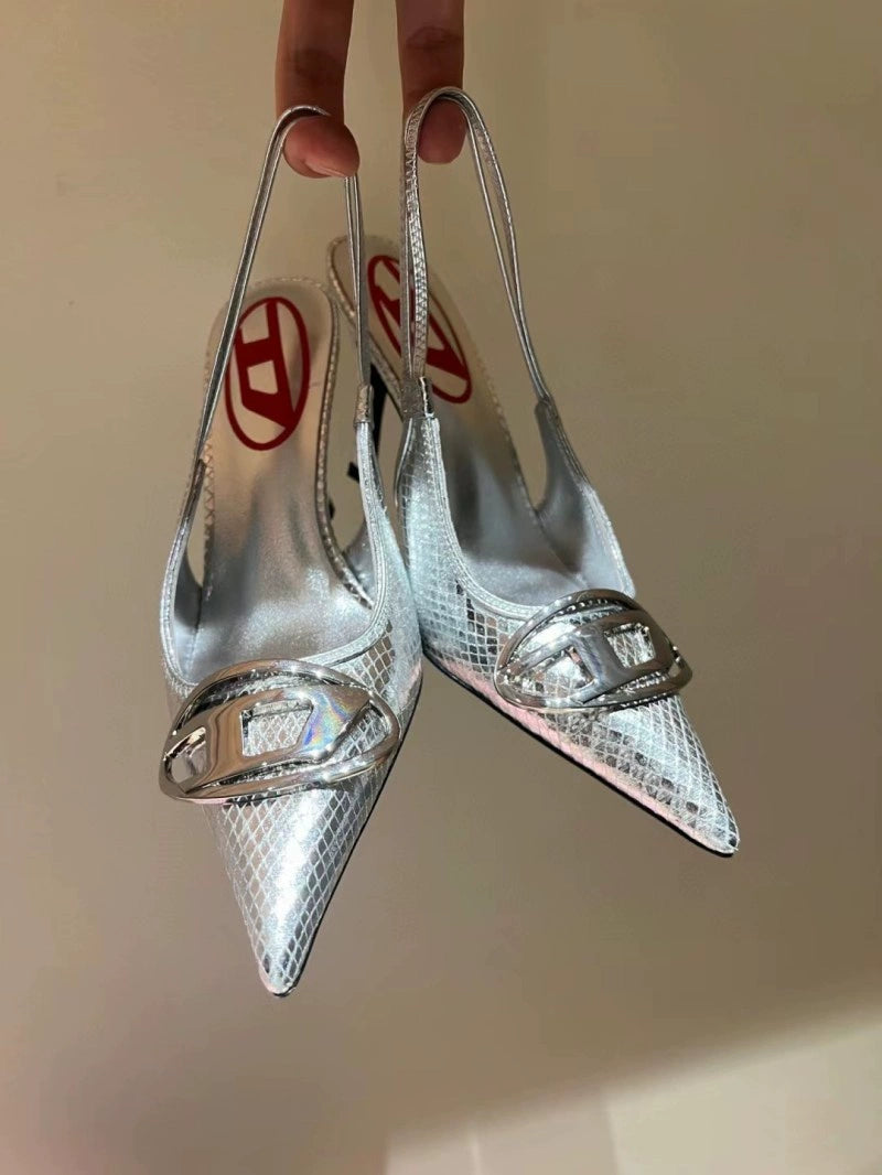 Silver High Heels 2025 New Arrival Classy Retro French Pointed Stiletto Heel Fashion Catwalk Denim Closed Toe Sandals for Women