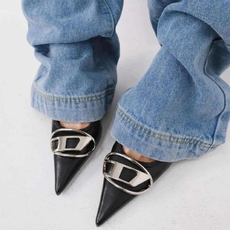 Silver High Heels 2025 New Arrival Classy Retro French Pointed Stiletto Heel Fashion Catwalk Denim Closed Toe Sandals for Women
