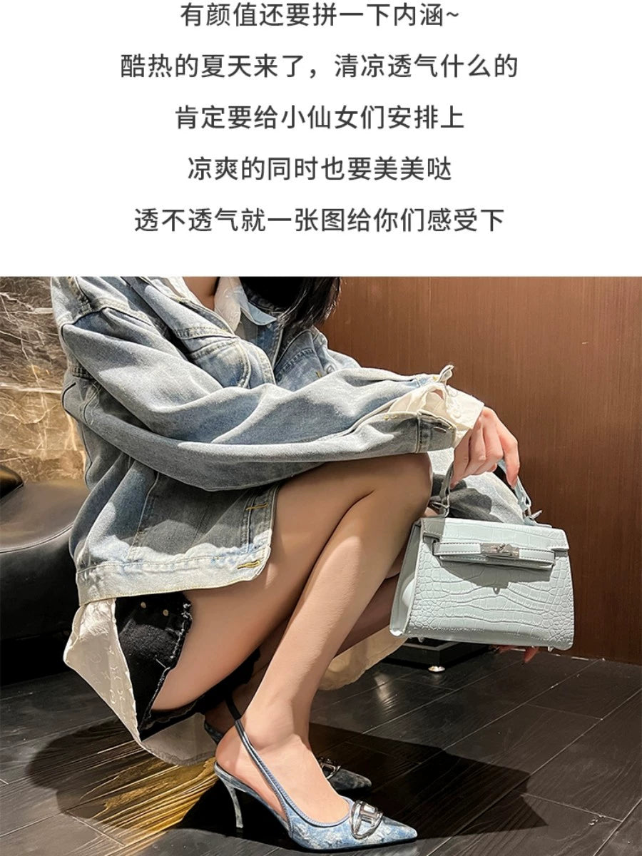 Silver High Heels 2025 New Arrival Classy Retro French Pointed Stiletto Heel Fashion Catwalk Denim Closed Toe Sandals for Women