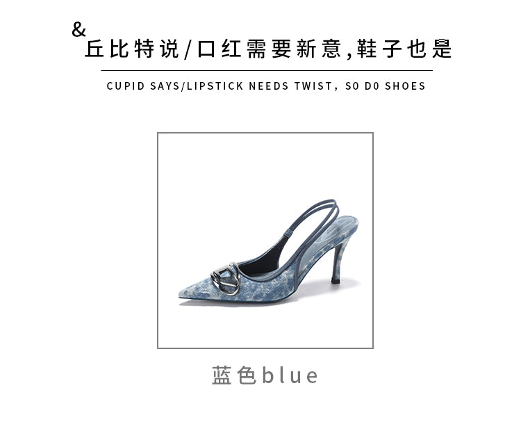 Silver High Heels 2025 New Arrival Classy Retro French Pointed Stiletto Heel Fashion Catwalk Denim Closed Toe Sandals for Women