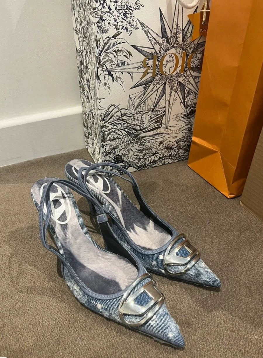 Silver High Heels 2025 New Arrival Classy Retro French Pointed Stiletto Heel Fashion Catwalk Denim Closed Toe Sandals for Women