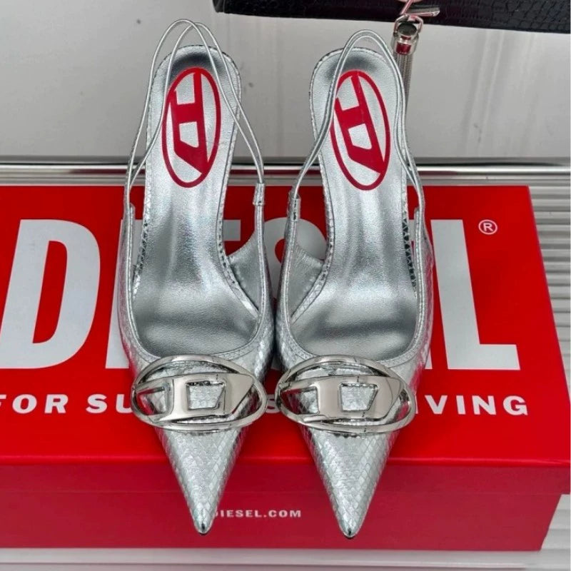 Silver High Heels 2025 New Arrival Classy Retro French Pointed Stiletto Heel Fashion Catwalk Denim Closed Toe Sandals for Women
