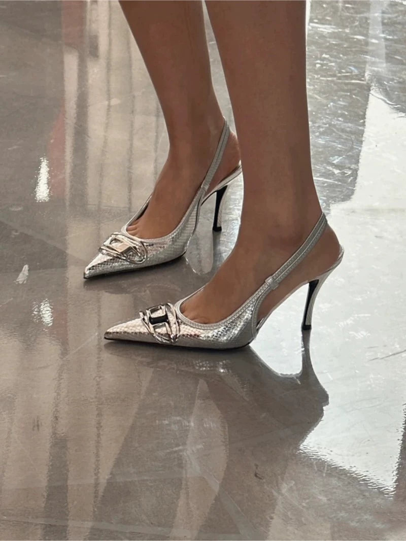 Silver High Heels 2025 New Arrival Classy Retro French Pointed Stiletto Heel Fashion Catwalk Denim Closed Toe Sandals for Women