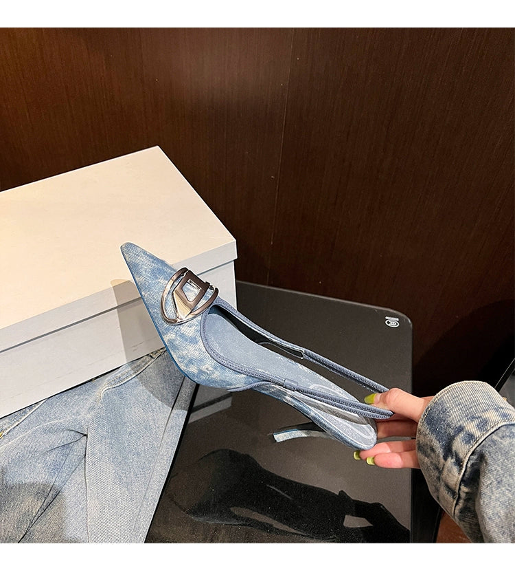Silver High Heels 2025 New Arrival Classy Retro French Pointed Stiletto Heel Fashion Catwalk Denim Closed Toe Sandals for Women