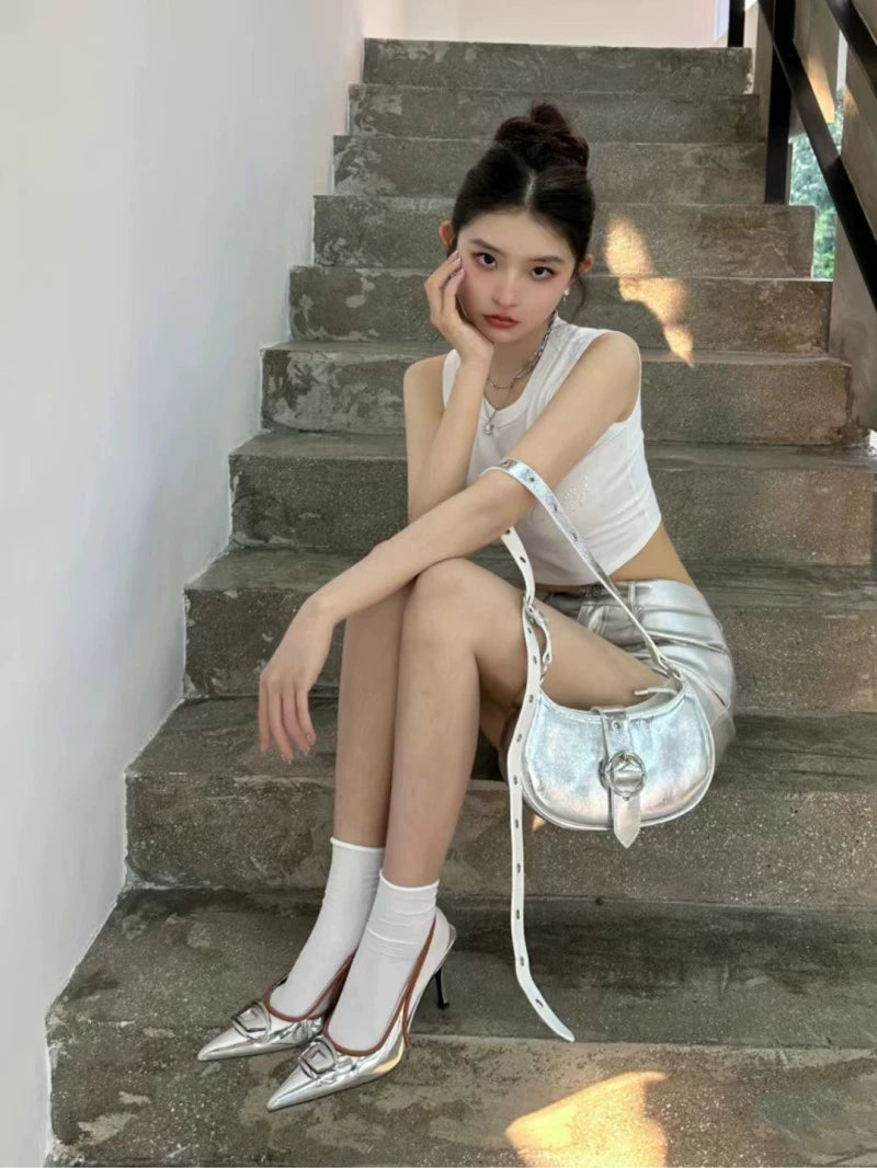 Silver High Heels 2025 New Arrival Classy Retro French Pointed Stiletto Heel Fashion Catwalk Denim Closed Toe Sandals for Women