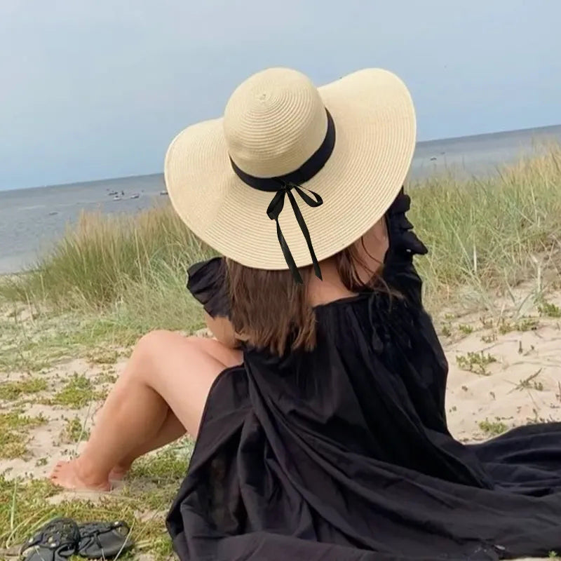 Summer Simple Floppy Sun Hat Women Wide Brim Beach Hat Girls Seaside Travel Foldable Straw Hat Sunscreen UV Protection Lady Cap