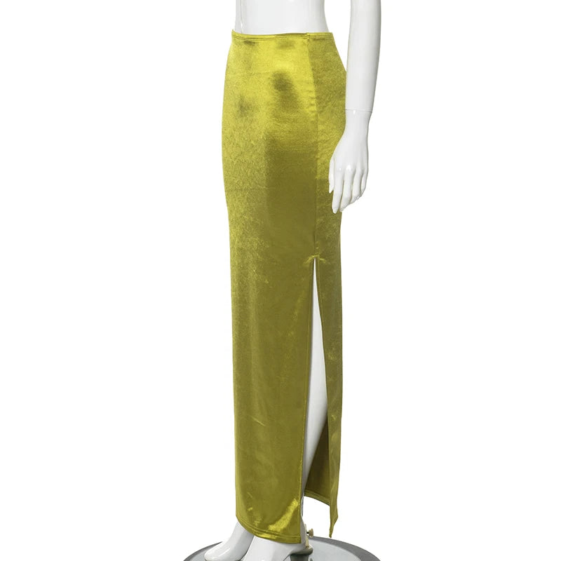 CUTENOVA Stain Long Solid Color Skirt Elegant High Waist Side Split Maxi Skirts Party Sexy Clothes for Women Autumn 2024