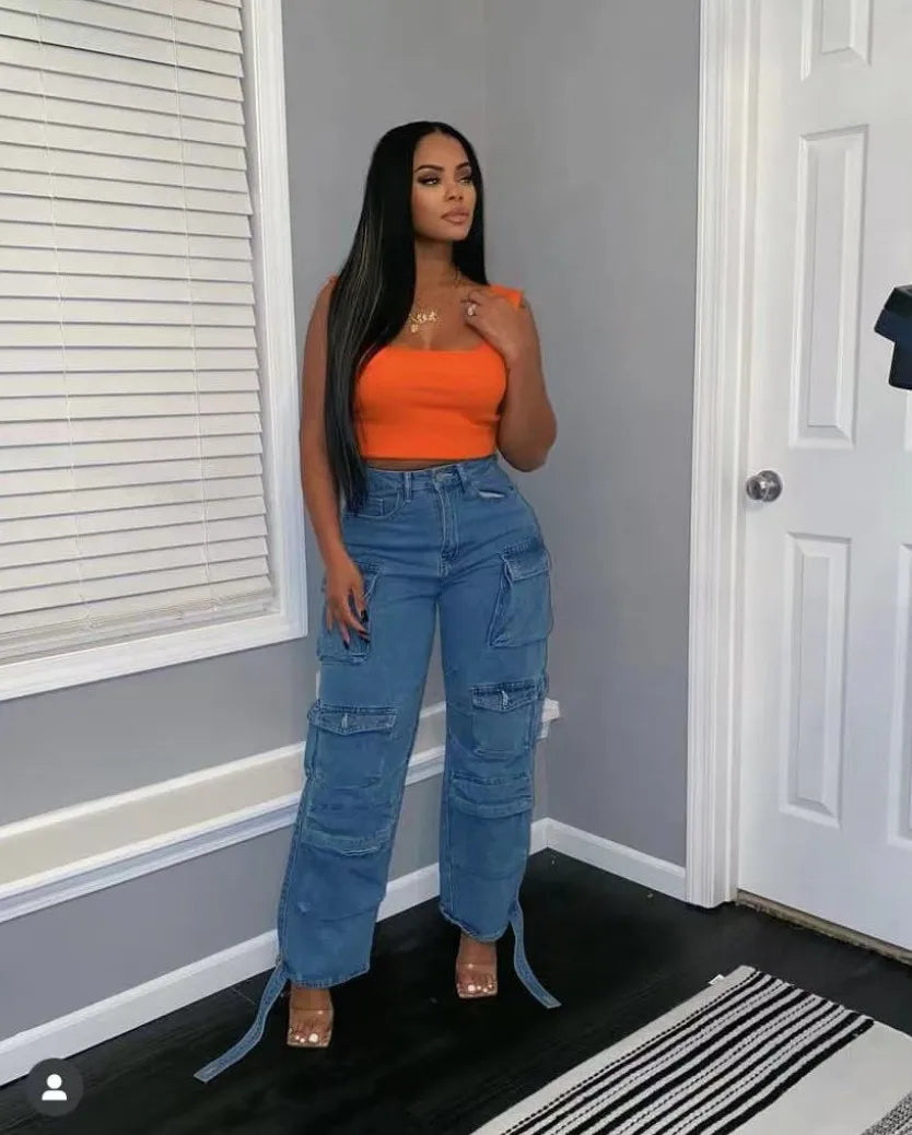 Joskaa Fashion Y2k Pockets Cargo Jeans Women Hipster High Waisted Straight Pants Fall 2023 Casual Denim Trousers Streetwear