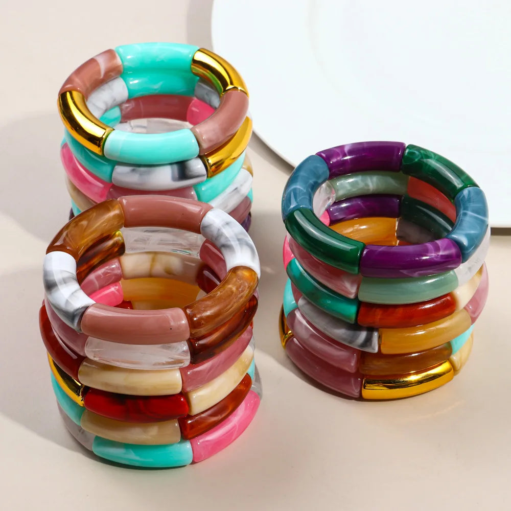 FishSheep Trendy Acrylic Stacked Bamboo Beads Bangles Bracelets for Women Bohemian Resin Elastic Beaded Bracelets Set Jewelry