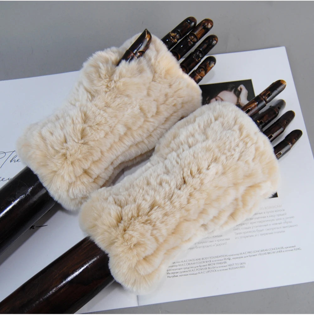 New Arrival Women Knit Fur Mitten Girls 100% Real Genuine Knitted Rex Rabbit Fur Mittens Winter Warm Real Fur Fingerless Gloves