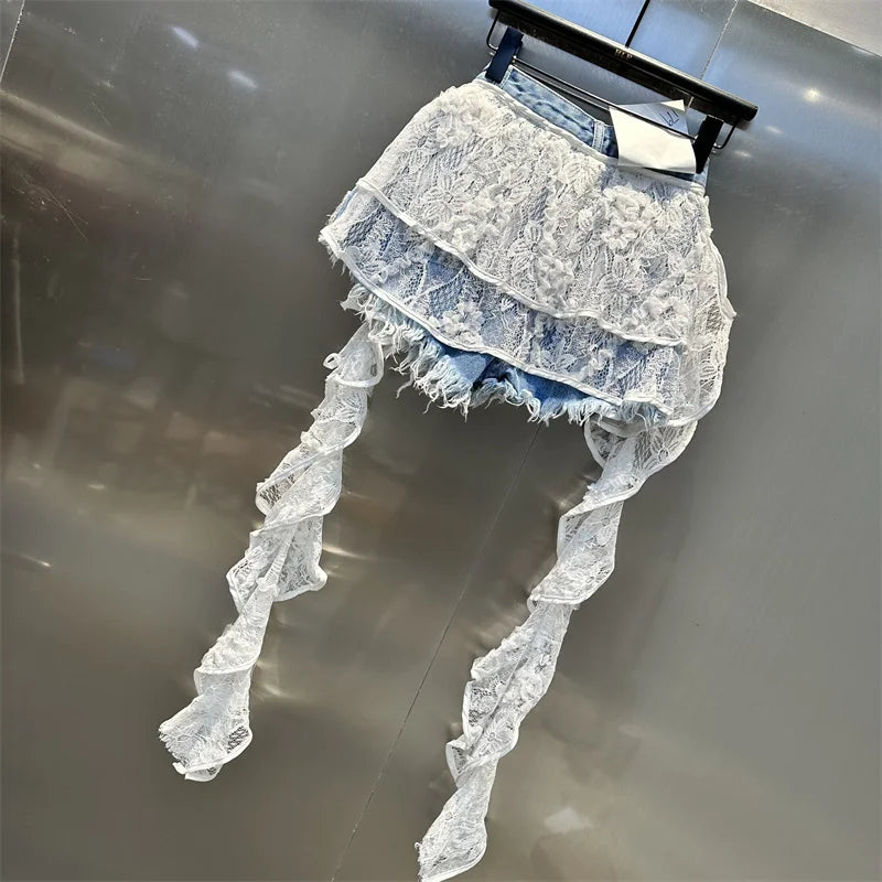 Ruffle Leaf Edge Irregular Curtain Skirt Sweet A Line Skirt Lace Splicing Denim Shorts Street Hipster Denim Shorts Women