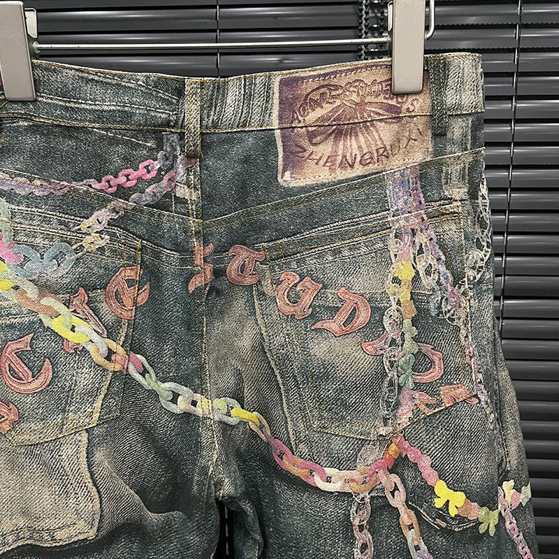 DEAT Fashion Women's 3D Chain Printed Contrast Color Jeans Niche Design High Waist Casual Denim Pants Female Trendy 11A04071