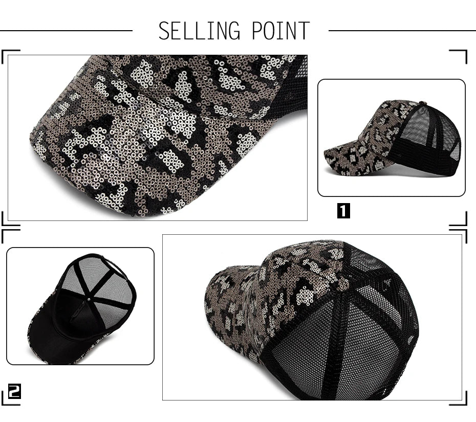 CNTANG New Women's Baseball Cap Summer Mesh Hat Fashion Leopard Spangle Design Hats For Woman Outdoors Sun Visor Adjustable
