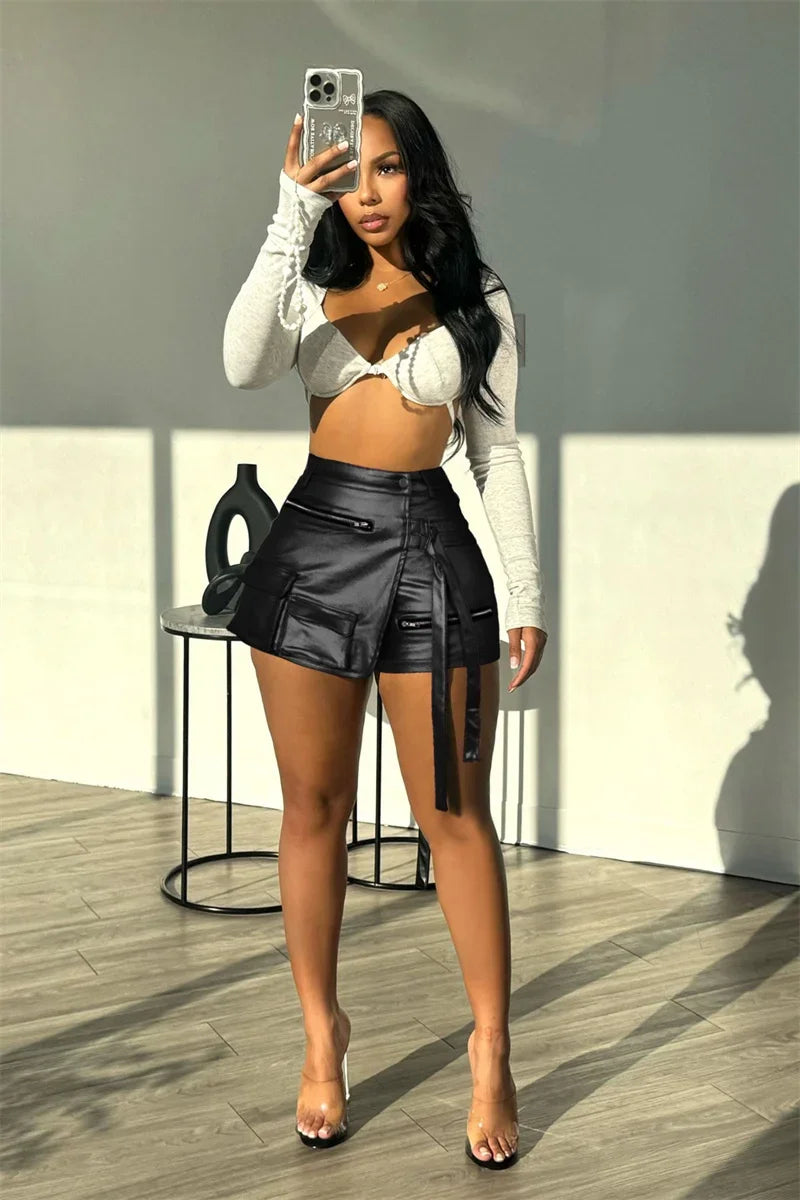 Shiny Metallic Irregular Shorts Skirts Women Y2K Clothing High Waist Button Fly Pockets Party Club Birthday Pantalones Cortos