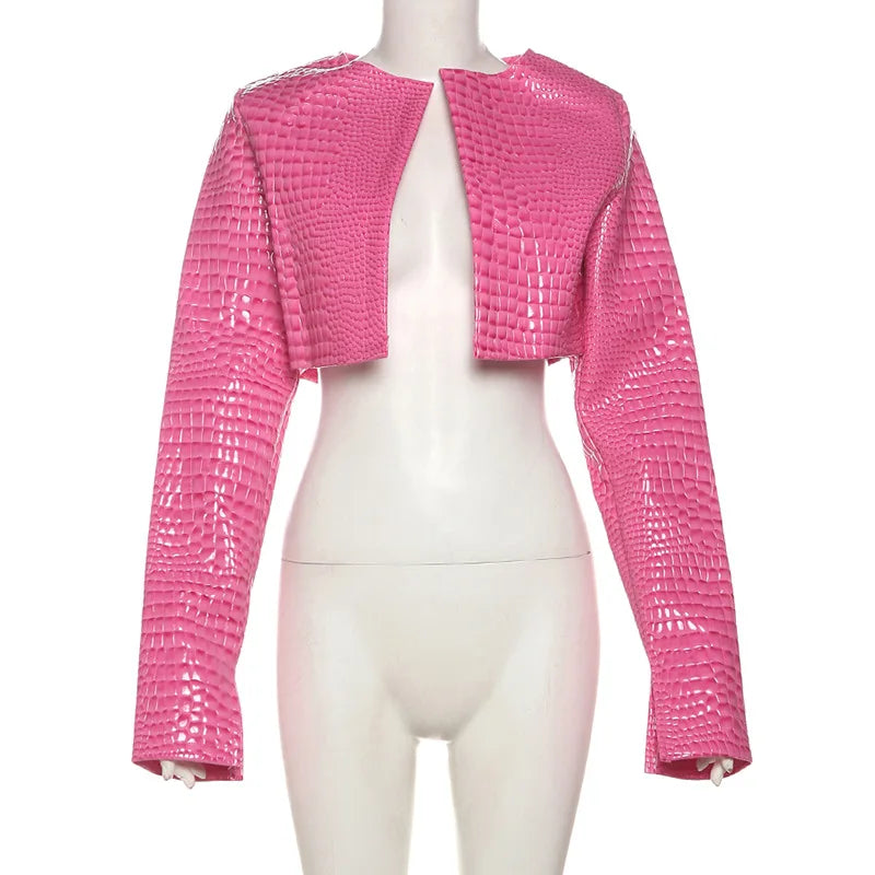 Women O Neck Long Sleeve PU Faux Leather Cropped Jackets Punk Grunge Casual Coats 2024 Spring Fall Harajuku Y2K Clothes