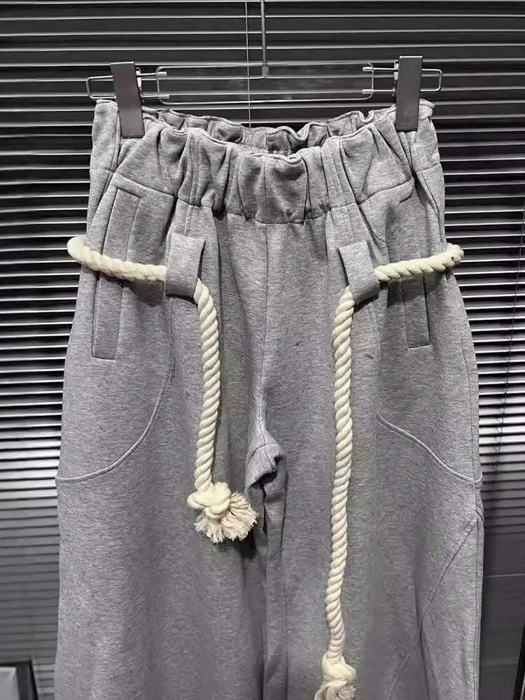 DEAT Fashion New Women's Cotton Rope Design Casual Pants 2024 Autumn Trendy Elastic High Waist Wide Leg Trousers Female 33A1851