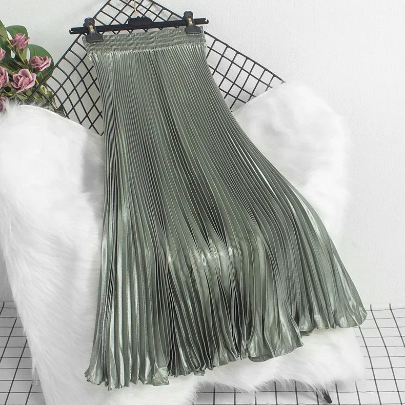 Women's Fashion Pleated Mermaid Long Skirt Korean Style Casual High Waist Satin Flowy Skirts Shiny 19 Colors 2024 Spring SK500