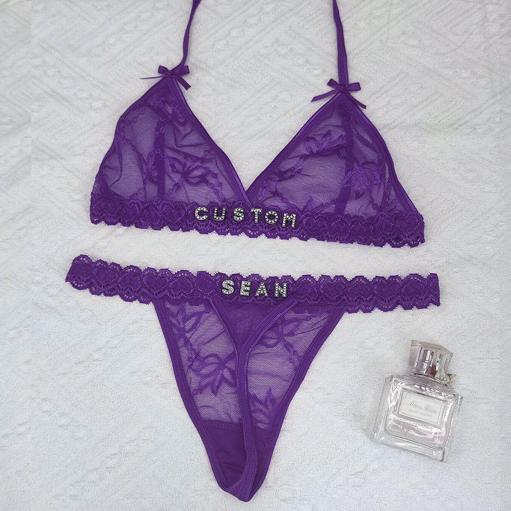 Custom thongs Name Personalized Panties Underwear Lingerie Bra Set Women Rhinestone Customize Thong Anniversary Birthday Gift