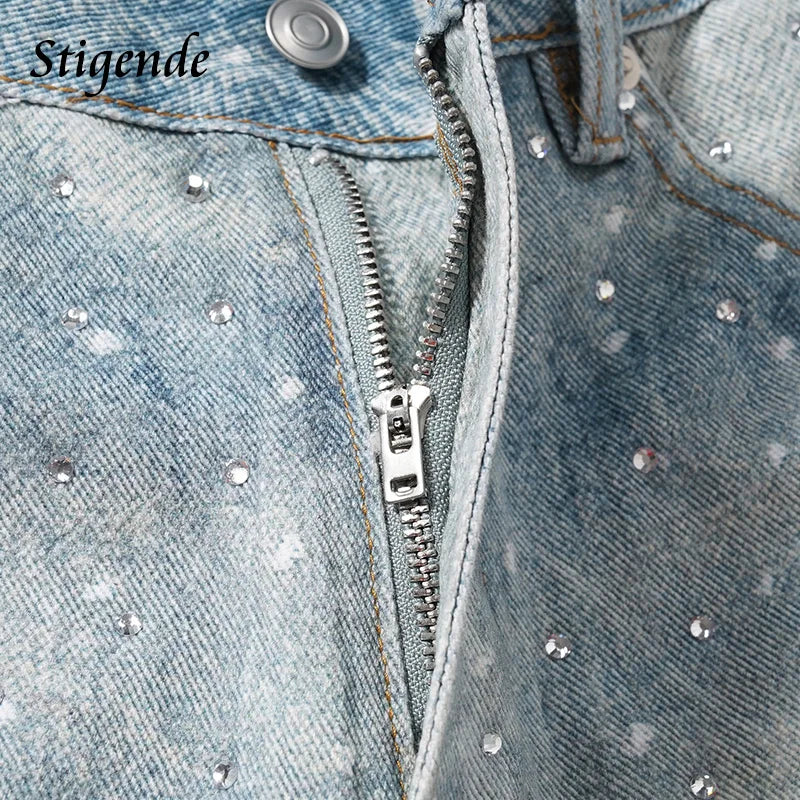 Stigende Women Sexy Rhinestone Denim Shorts with Belt Wide Leg Sequin Short Jeans