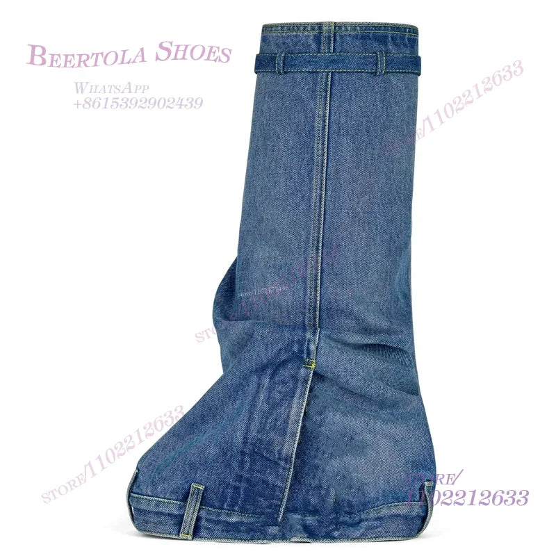 Denim Boots Sporty Women's Patchwork Light Metal Lock Knee High Booties Slip On Foldable Sneakers Round Toe Flat Heighten Shoes