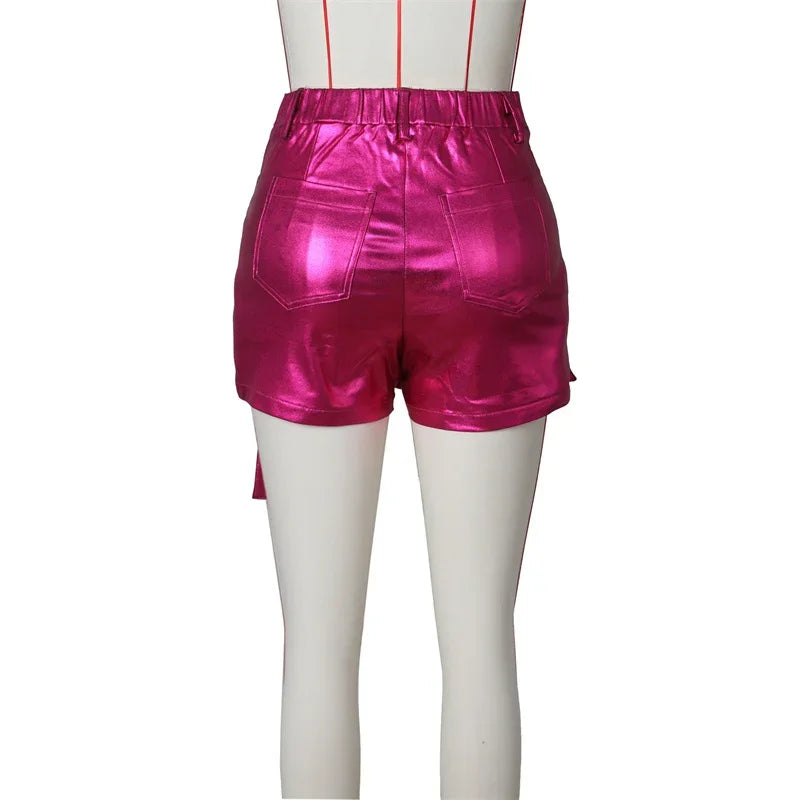 Shiny Metallic Irregular Shorts Skirts Women Y2K Clothing High Waist Button Fly Pockets Party Club Birthday Pantalones Cortos