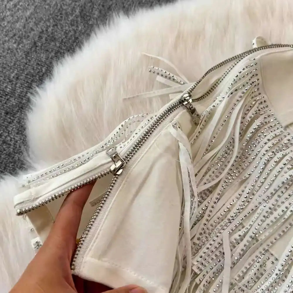 XFPV American Style Women's Shorts Summer Belt Gathered Waist Zipper Spliced Beading Tassel Shorts Female New Fashion 22D1803