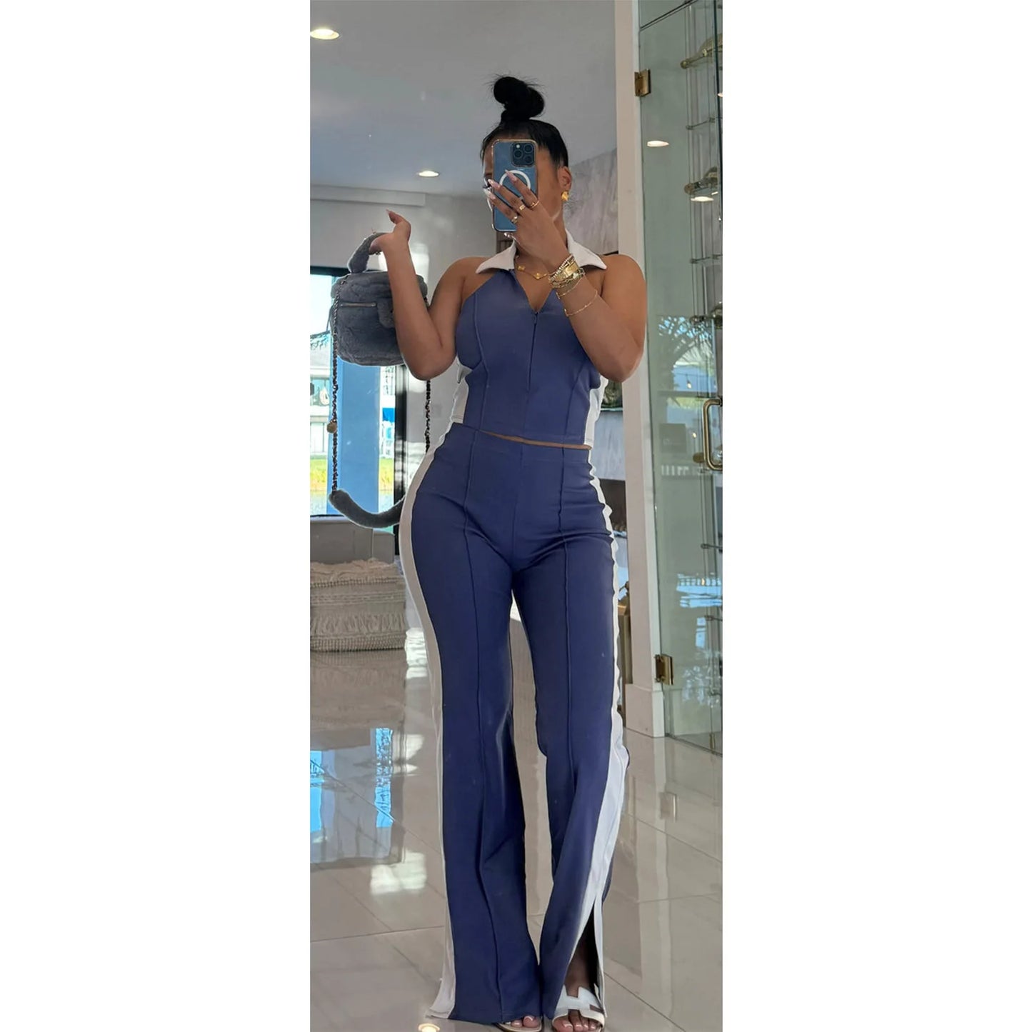 CM.YAYA Sporty Patchwork Women's Set Sleeveless Polo-tank Tops and Slit Flare Pants 2025 Active Two 2 Piece Set Outfit Tracksuit