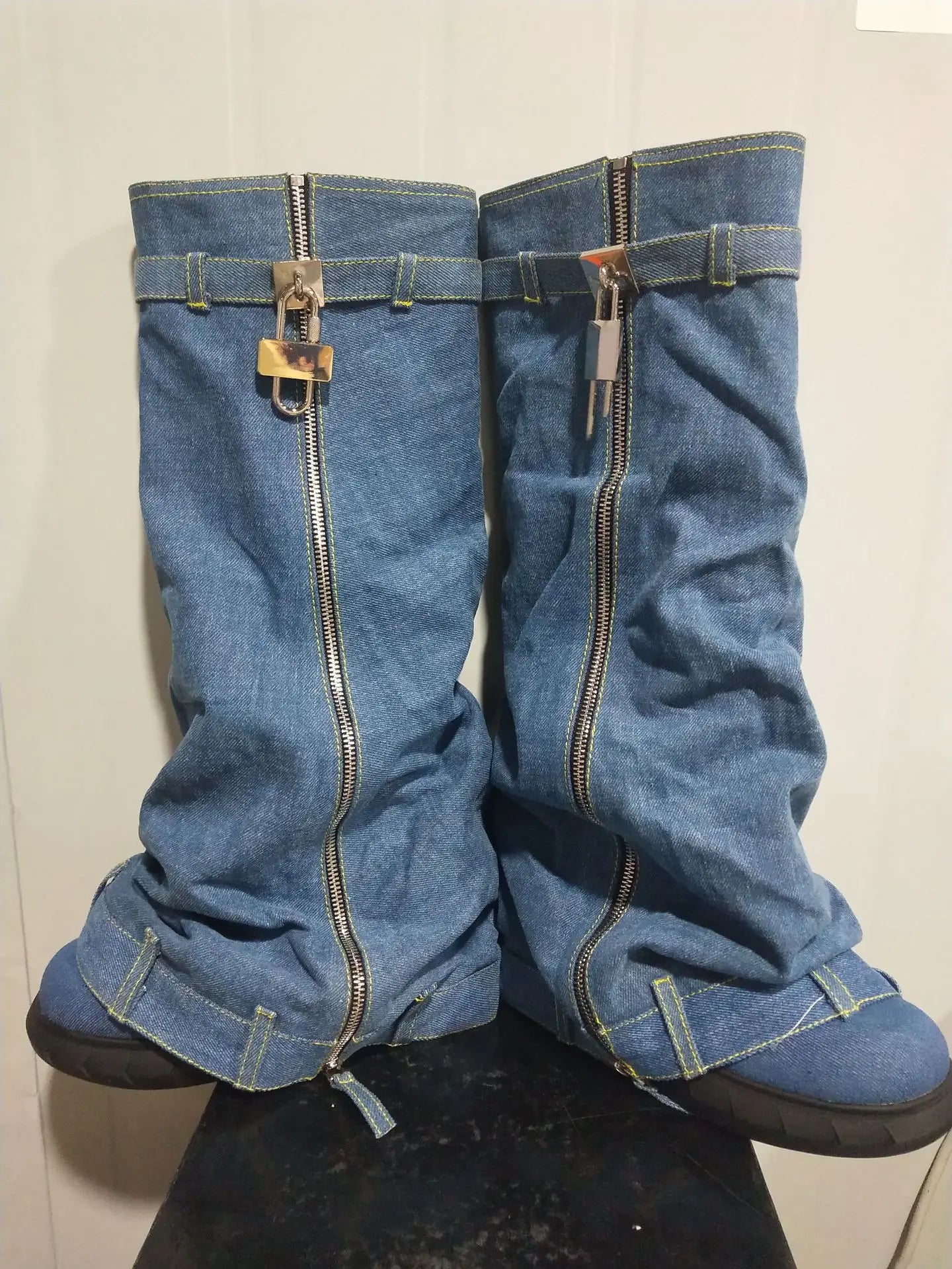 Denim Boots Sporty Women's Patchwork Light Metal Lock Knee High Booties Slip On Foldable Sneakers Round Toe Flat Heighten Shoes