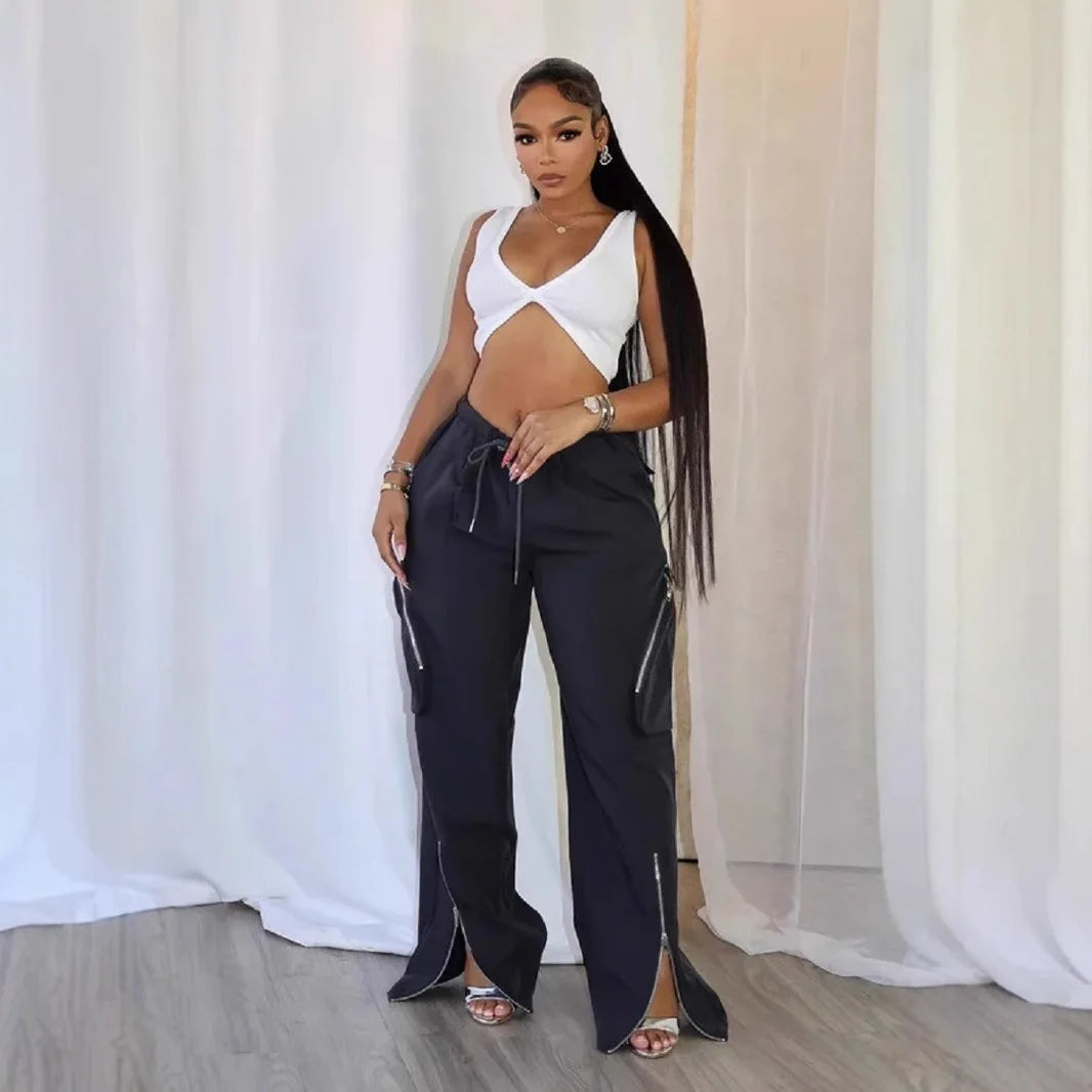 CM.YAYA Women Fashion Zipper Pocket Side Zip Fly Split Hem Wide Leg Safari Style Pants 2025 Drawstring Summer Cargo Trousers