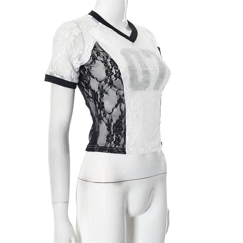 CUTENOVA 2025 Spring And Summer New Letters V Neck Rhinestone American Lace Color Collision Patchwork Top T-Shirt Streetwear