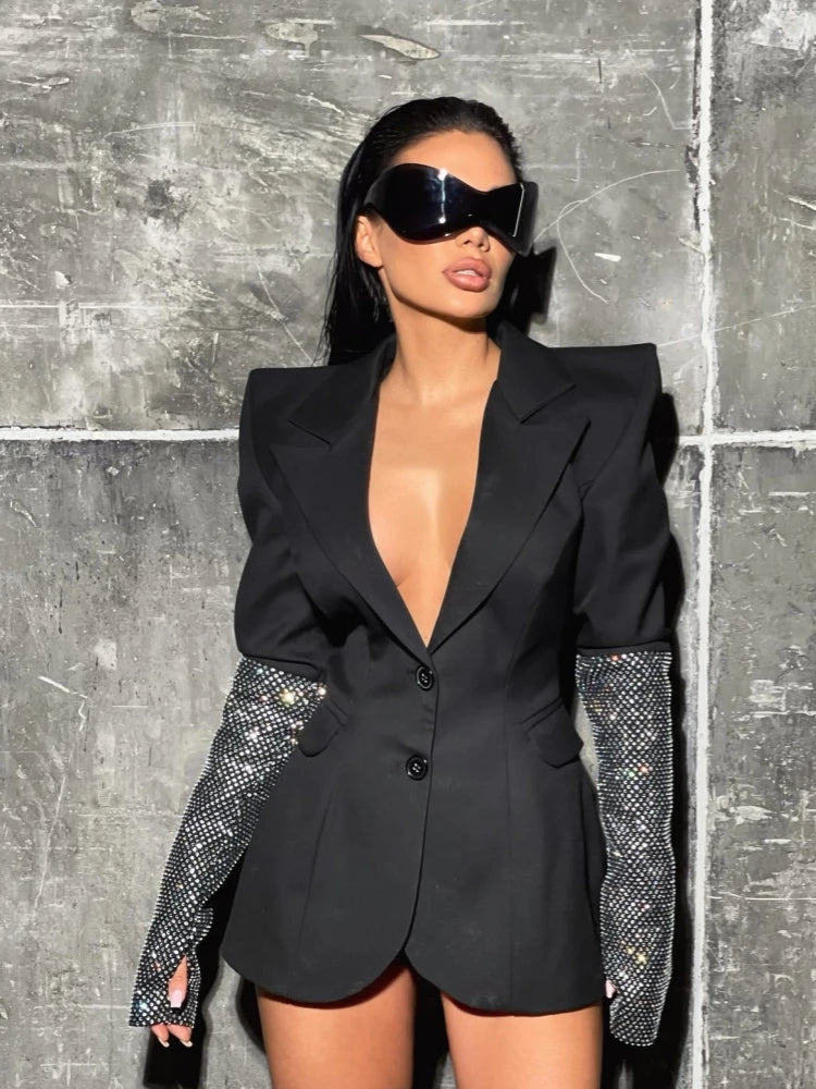 Sexy V Neck Long Sleeve Blazer With Rhinestone Sleeve Women Black Diamond Patchwork Slim Jacket Evening Party Club Cocktail Coat