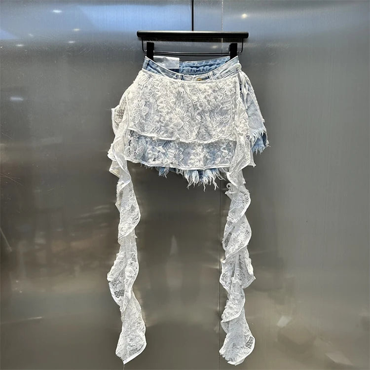 Ruffle Leaf Edge Irregular Curtain Skirt Sweet A Line Skirt Lace Splicing Denim Shorts Street Hipster Denim Shorts Women