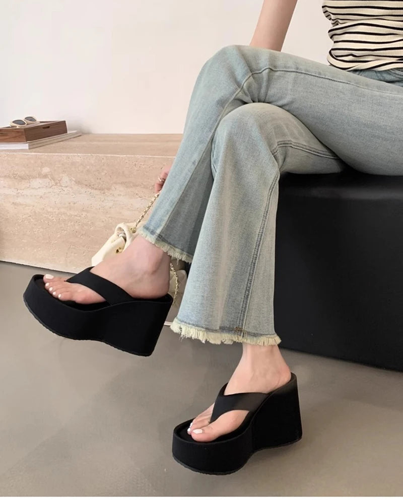 Design Summer Chunky Woman Slippers Fashion Platform Wedges High Heel Silvery Ladies Shoes Zapatillas De Mujer