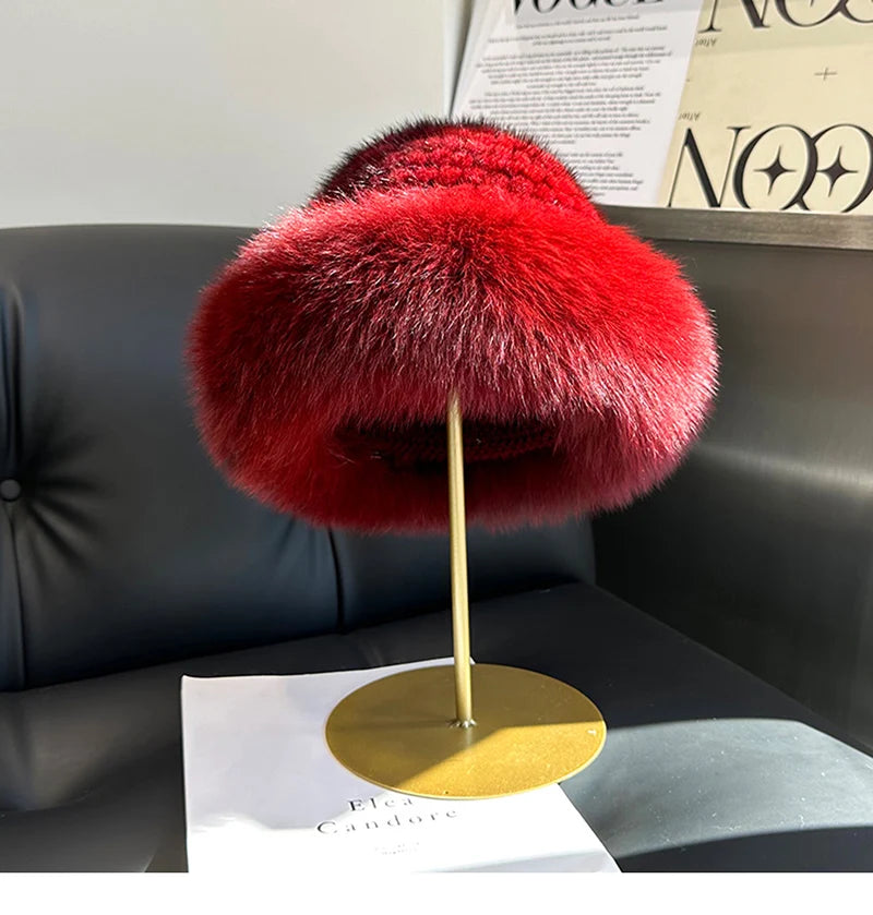 New Genuine Real Natural Knitted Mink Fur Hat Cap Luxury Women Handmade Knit Fashion Winter Headwear Warm Real Fox Fur Beanies