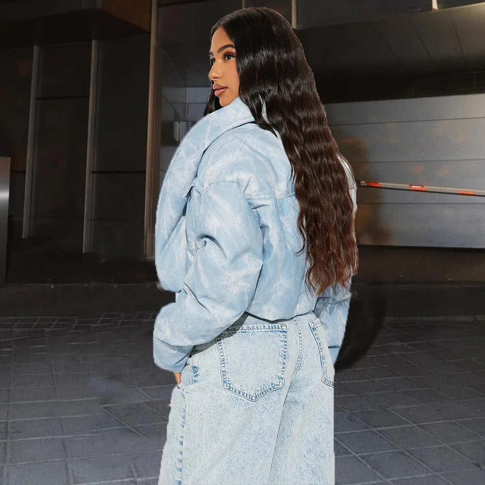 CM.YAYA Streetwear Women Tie Dye Print Long Sleeve Parkas Jacket Thick Warm 2024 Winter Autumn Outwear Coats