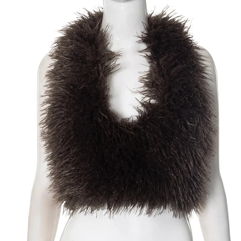 Joskaa Sexy Faux Fur Waistcoat Women Furry Backless Bandage Halter Crop Vests Coat 2025 Fashion Warm Outerwear Y2K Streetwear