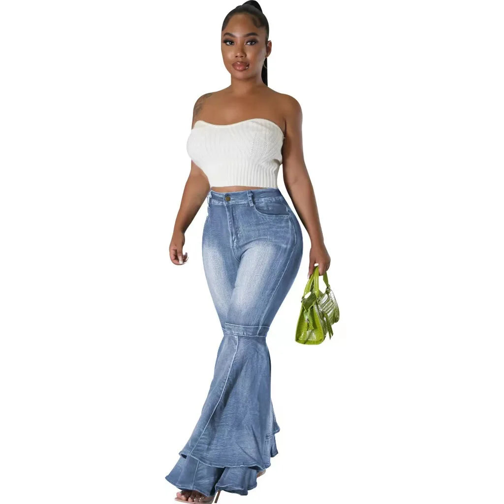Fashion Versatile Wide Leg Washed Denim Stretch Flared Pants Women