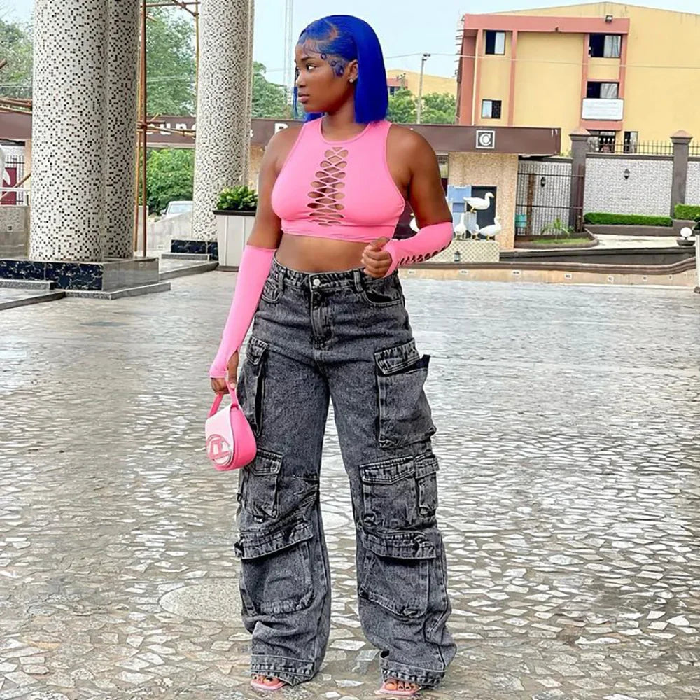 Solid Casual Baggy Cargo Pants for Women Youthful Female Trousers Multi-pocket Fashion Vintage Women's High Waist Wide Pants