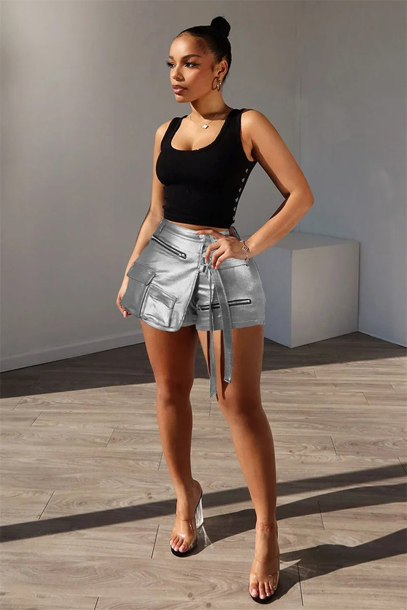 Shiny Metallic Irregular Shorts Skirts Women Y2K Clothing High Waist Button Fly Pockets Party Club Birthday Pantalones Cortos