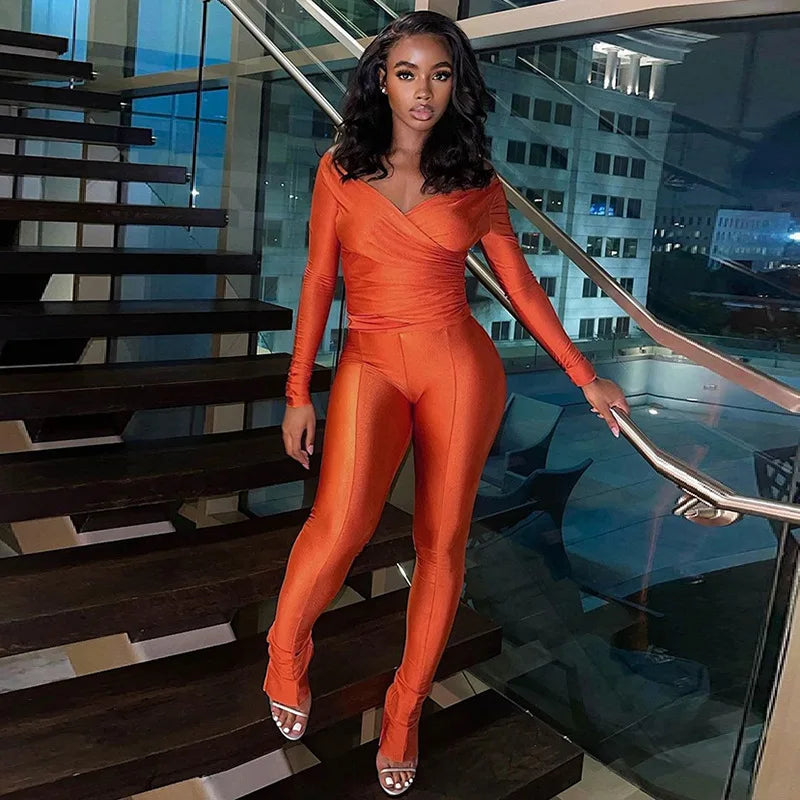 Simenual Casual Skinny Women Two Piece Set Sexy Deep V Crop Tops High Waist Pants Cyber Y2K Outfits Slim Co Ord Suits Streetwear