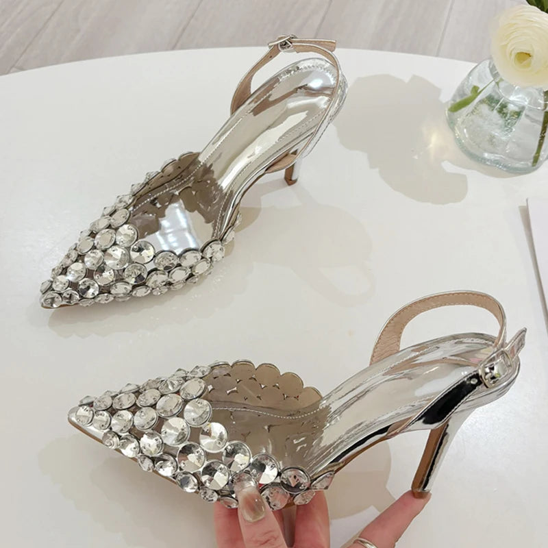 Liyke Elegant Pointed Toe Slingback Stiletto Sandals Crystal Diamonds Women Pumps High Heels Wedding Prom Shoes Zapatos Mujer
