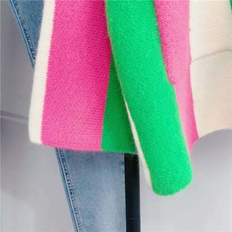 Joskaa Striped Patchwork Knitted Cardigan Women V-Neck Long Sleeve Single Breasted Sweater Coat Autumn 2023 Outwear Streetwear